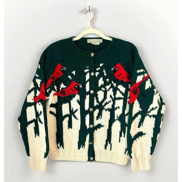 Quissett Cove Sweaters - Vintage QUISSETT COVE Cardinal Birds 100% Shetland WOOL Cardigan Sweater Medium